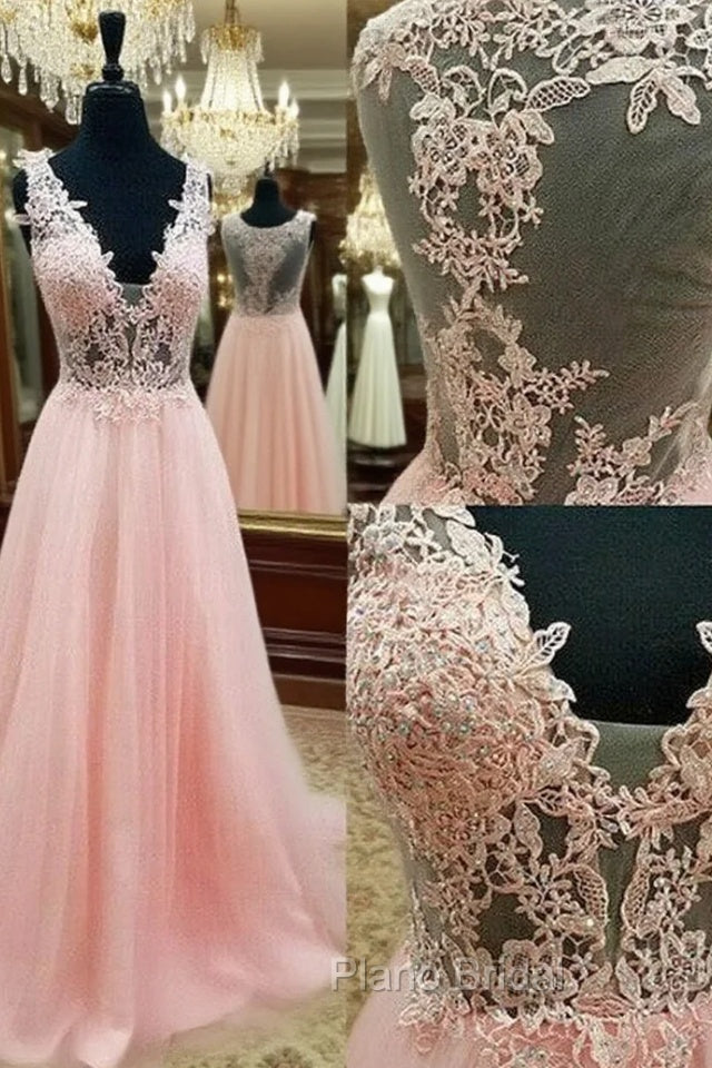 Pink V Neck Lace Long Formal Prom Dresses, Pink Evening Dresses