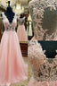 Pink V Neck Lace Long Formal Prom Dresses, Pink Evening Dresses