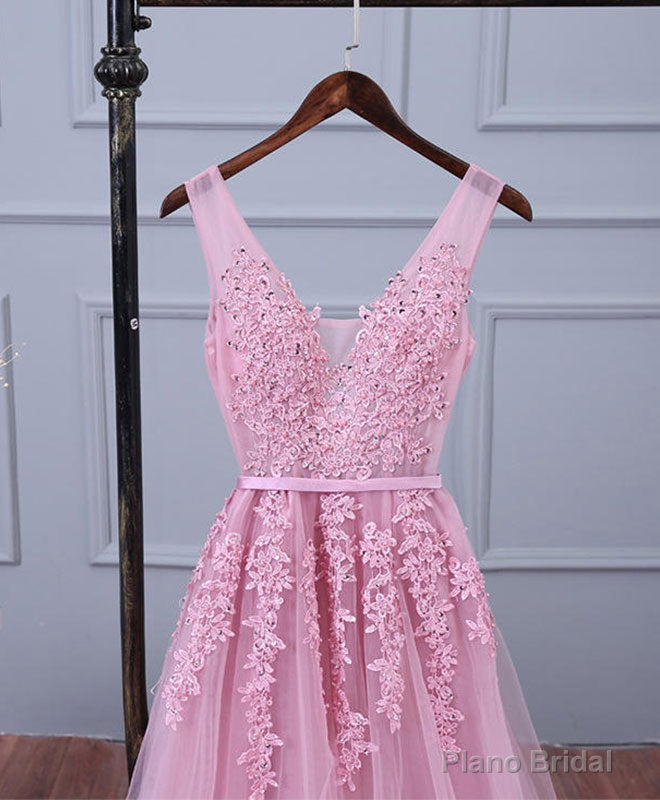 Pink V Neck Lace Tulle Long Prom Dress, Lace Evening Dresses Secondary image