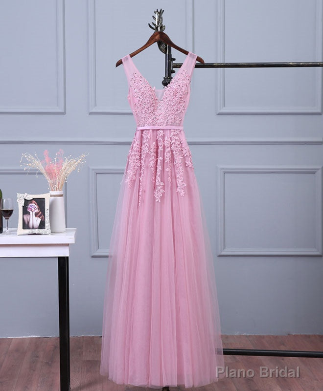 Pink V Neck Lace Tulle Long Prom Dress, Lace Evening Dresses Main image
