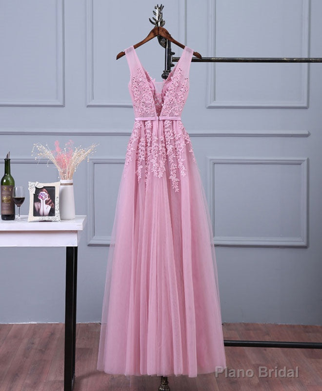 Pink V Neck Lace Tulle Long Prom Dress, Lace Evening Dresses