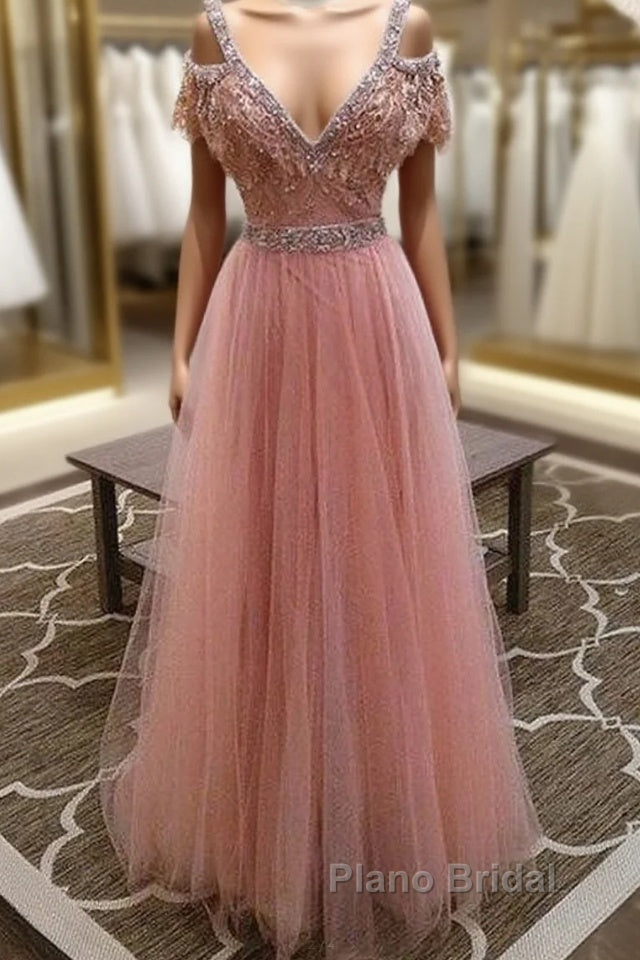 Pink V Neck Lace Tulle Long Formal Prom Dresses, Pink Evening Dresses