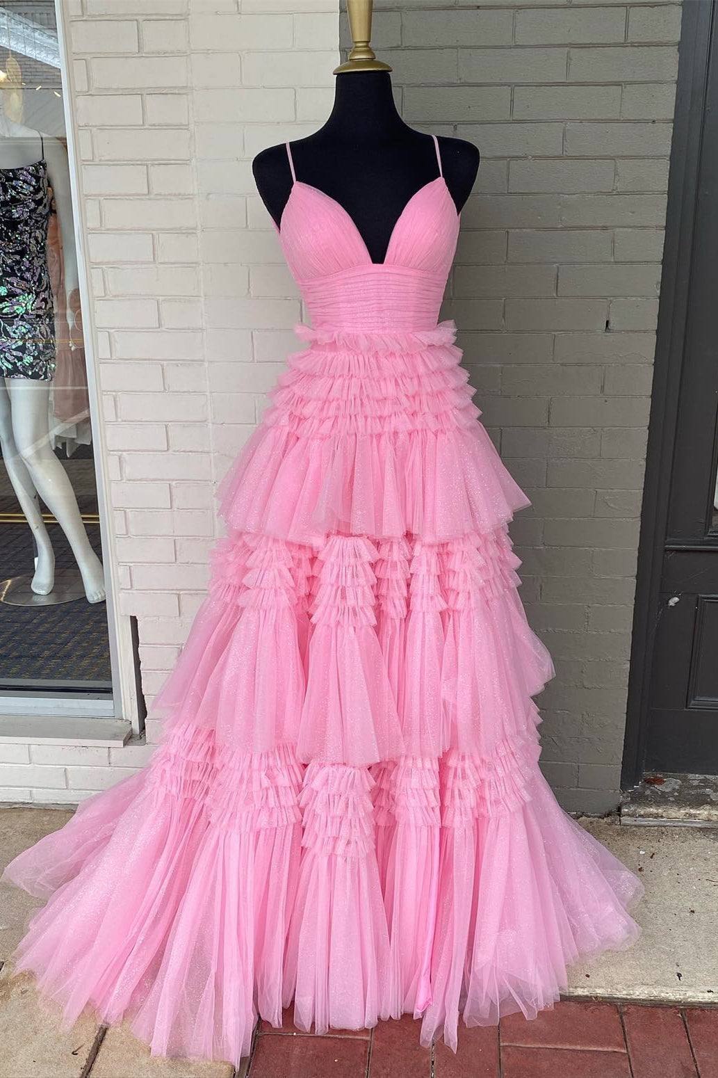 Pink V Neck Layers Tulle Long Ball Gown,Light Blue A Line Spaghetti Strap Evening Dresses Main image