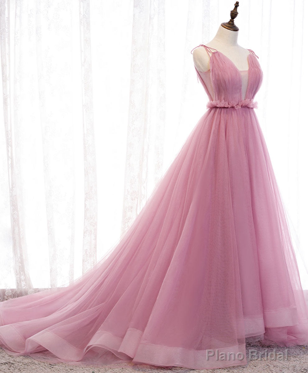 Pink V Neck Long Prom Dress, Aline Pink Formal Evening Dresses
