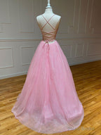 Pink V Neck Long Prom Dress, Pink A-line Sequin Tulle Evening Dress