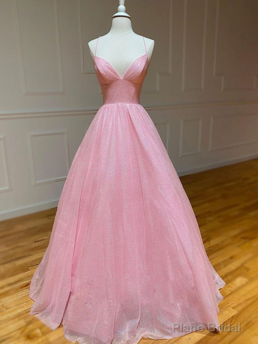 Pink V Neck Long Prom Dress, Pink A-line Sequin Tulle Evening Dress Main image