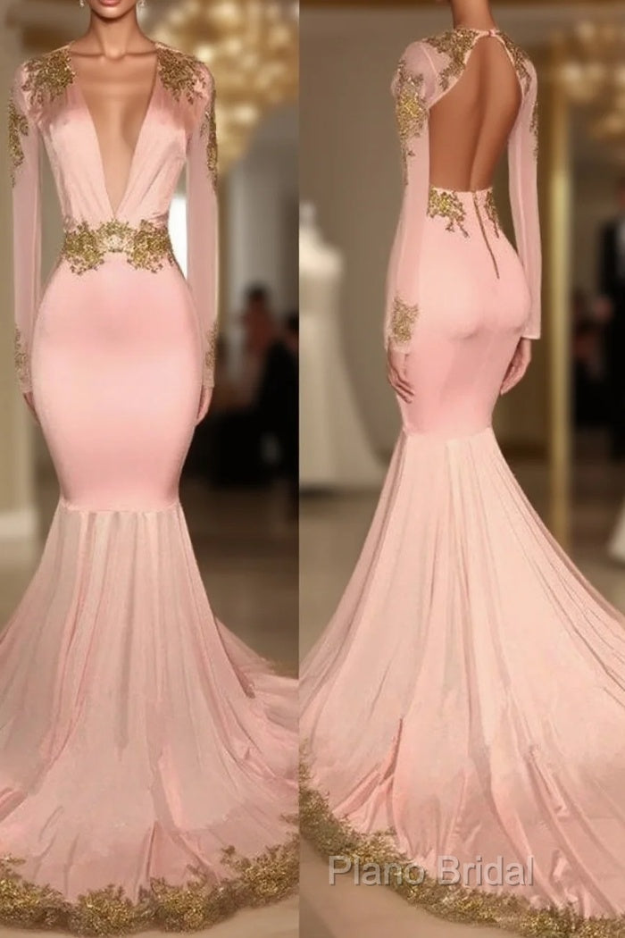 Pink V Neck Long Sleeves Mermaid Formal Prom Dresses Affordable Formal Dresses Main image