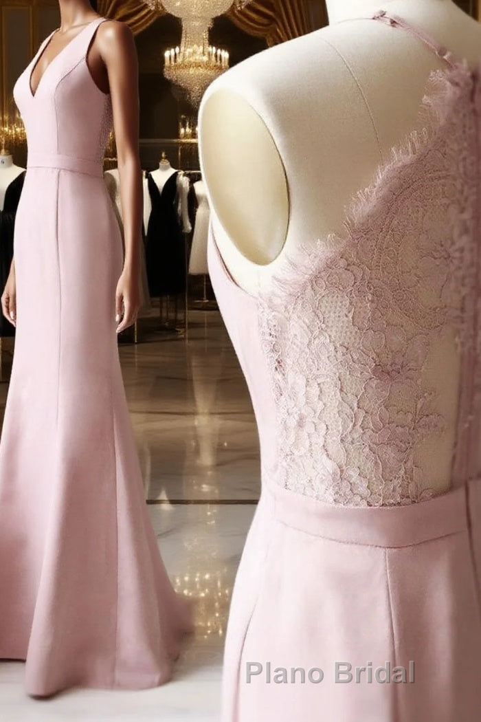 Pink v neck satin lace long Formal Prom dress, lace bridesmaid dress Main image