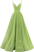 Pink V Neck Sequin A Line Formal Prom Dresses With Slit