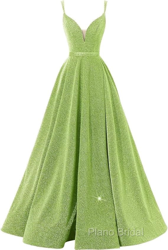 Pink V Neck Sequin A Line Formal Prom Dresses With Slit