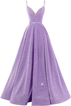 Pink V Neck Sequin A Line Formal Prom Dresses With Slit