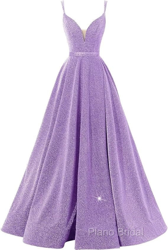 Pink V Neck Sequin A Line Formal Prom Dresses With Slit