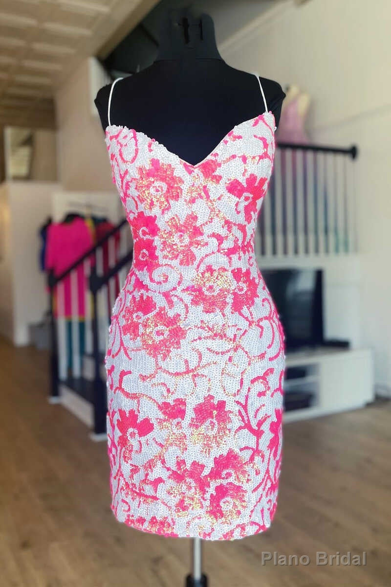 Pink V Neck Sequins Bodycon Short Mini Cocktail Dress Main image