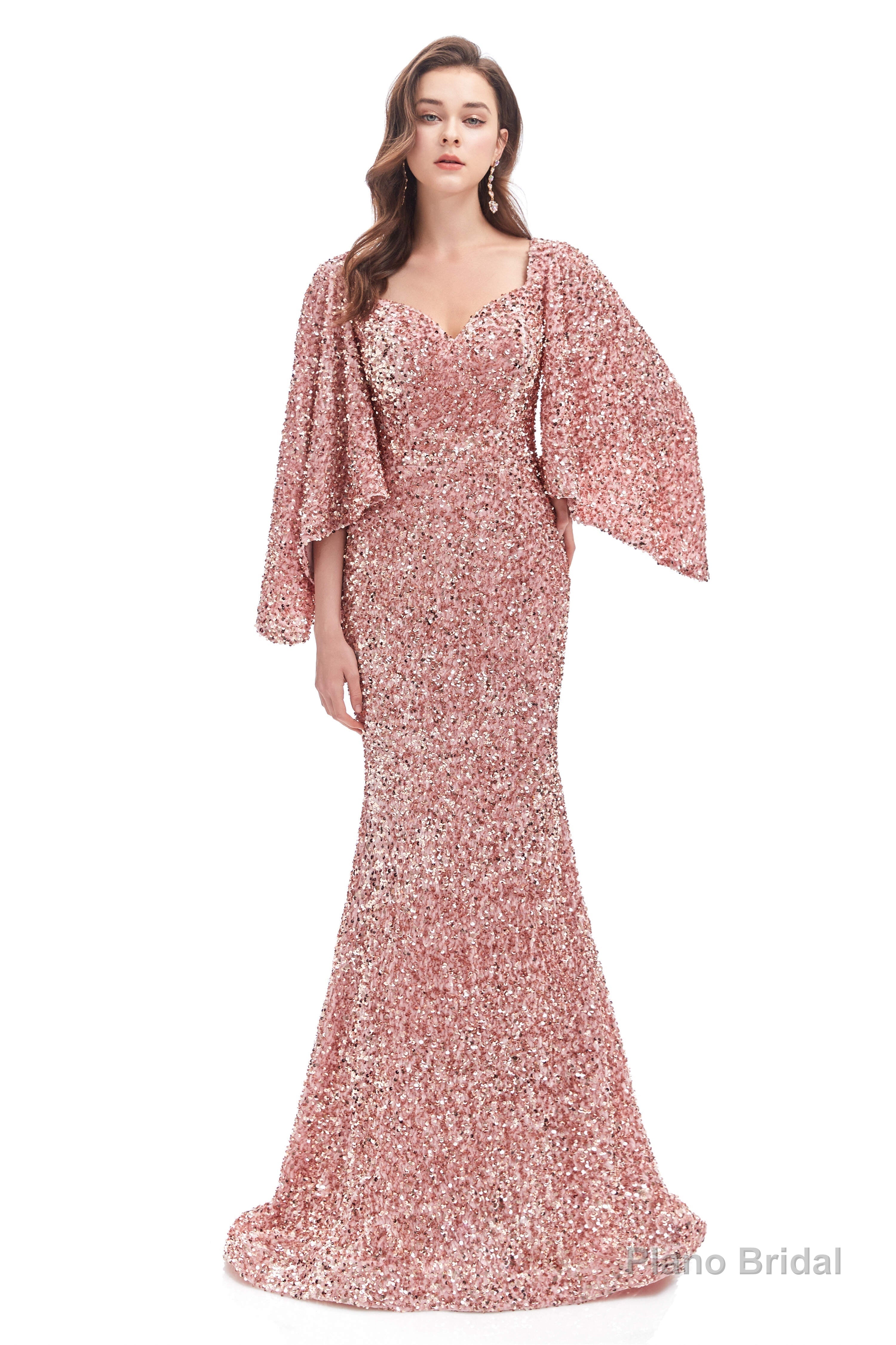 V-Neck Sequins Mermaid Prom Dresses with Sleeves