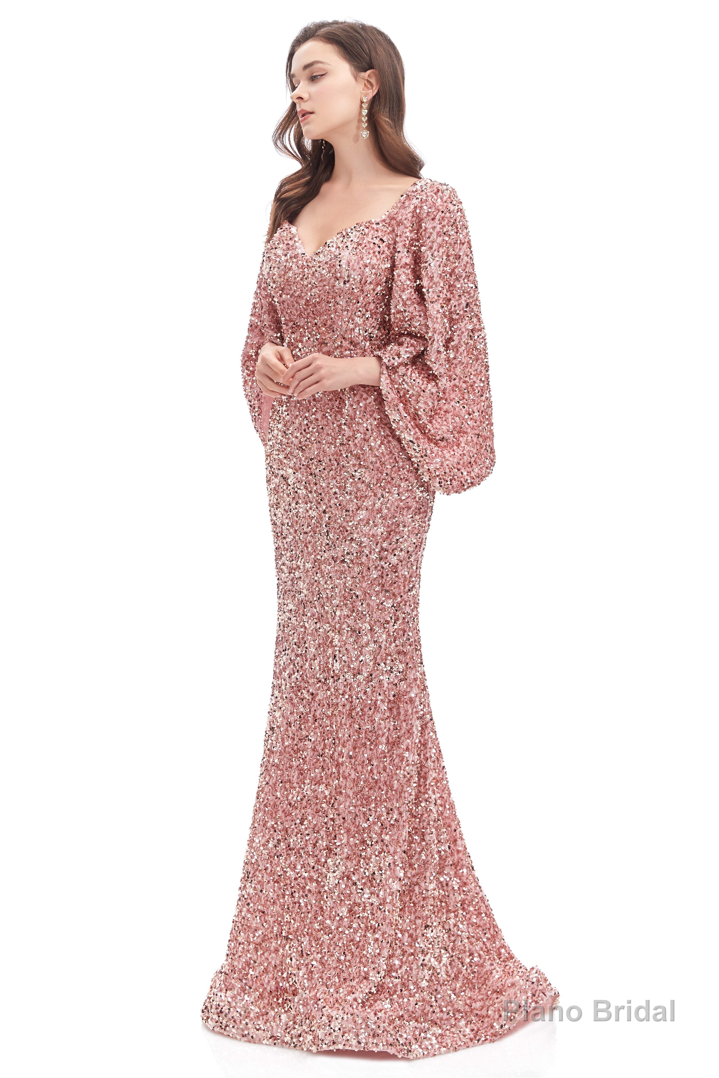 V-Neck Sequins Mermaid Prom Dresses with Sleeves