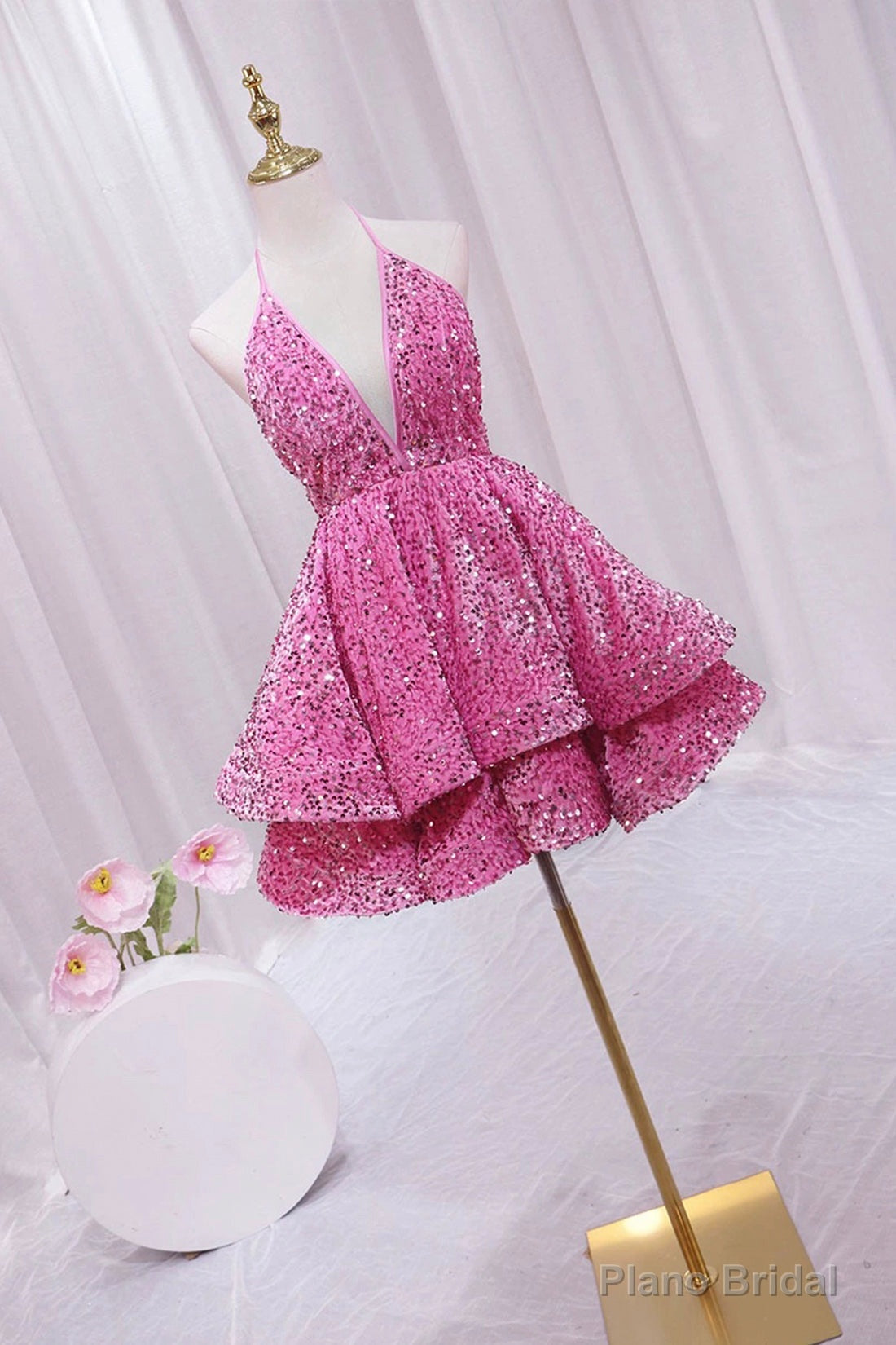Pink V-Neck Sequins Short Prom Dress, Pink A-Line Backless Party Dress Secondary image