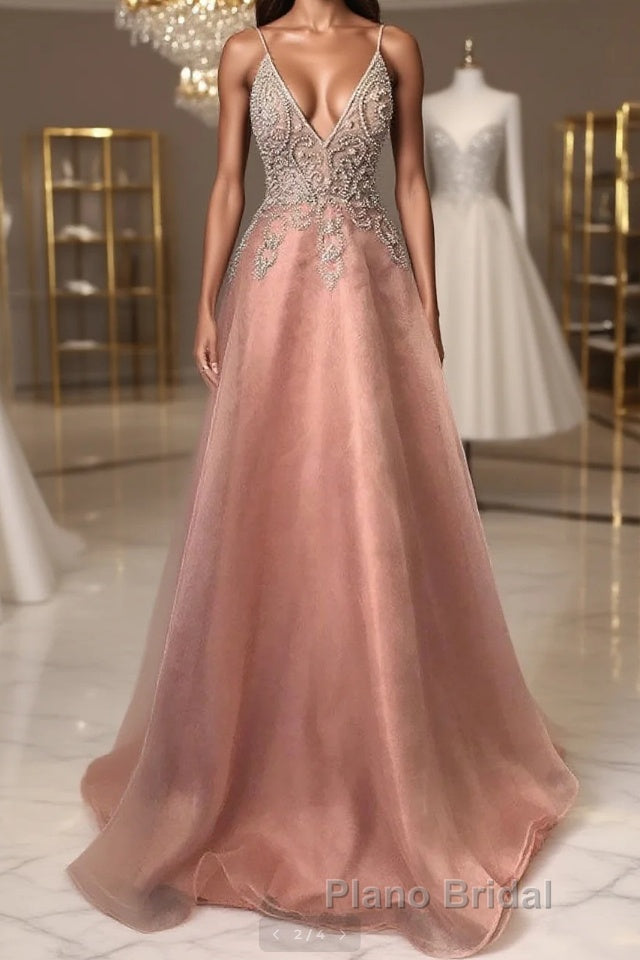 Pink v neck tulle beads long Formal Prom dress pink evening dress Main image