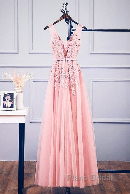 Pink V Neck Tulle Lace Applique Long Formal Prom Dresses, Pink Bridesmaid Dresses