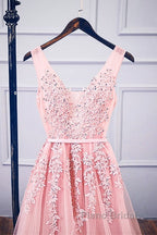 Pink V Neck Tulle Lace Applique Long Formal Prom Dresses, Pink Bridesmaid Dresses