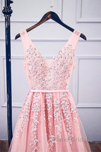 Pink V Neck Tulle Lace Applique Long Formal Prom Dresses, Pink Bridesmaid Dresses