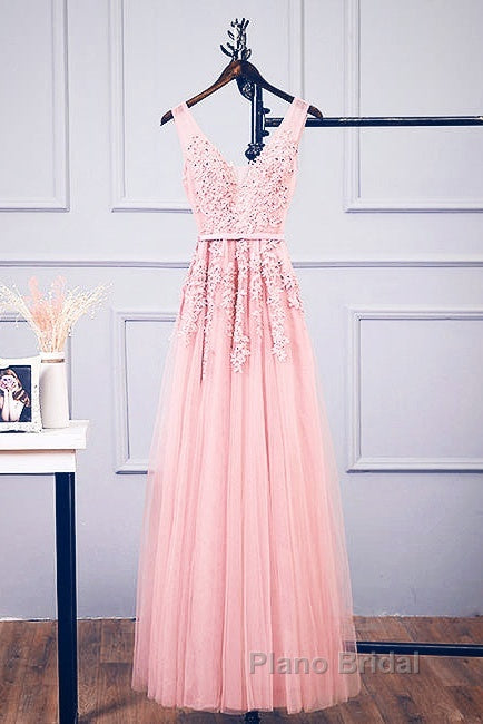 Pink V Neck Tulle Lace Applique Long Formal Prom Dresses, Pink Bridesmaid Dresses