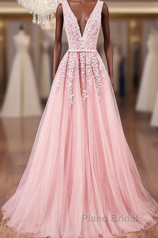 Pink V Neck Tulle Lace Applique Long Formal Prom Dresses, Pink Bridesmaid Dresses Main image