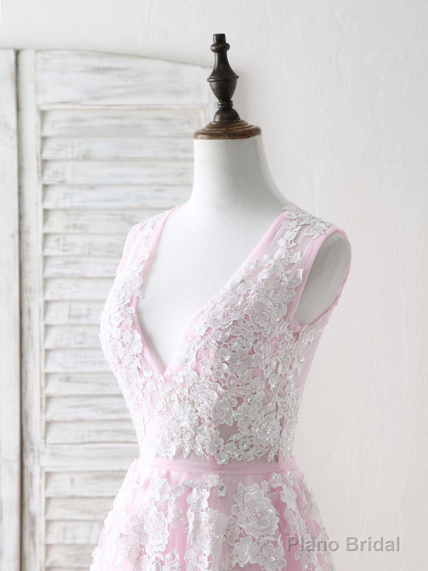 Pink V Neck Tulle Lace Applique Long Prom Dress Pink Evening Dress