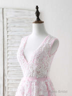 Pink V Neck Tulle Lace Applique Long Prom Dress Pink Evening Dress