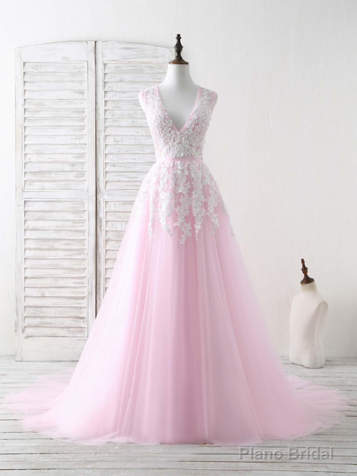 Pink V Neck Tulle Lace Applique Long Prom Dress Pink Evening Dress Secondary image