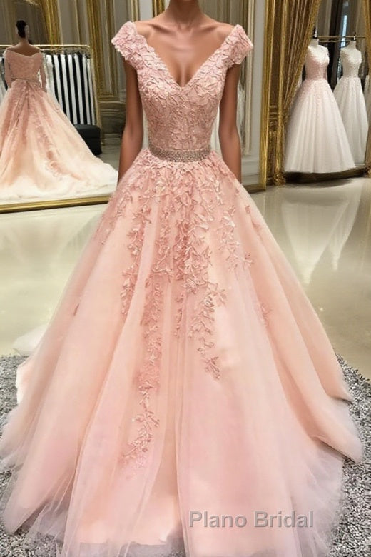 Pink v neck tulle lace applique long Formal Prom dress, pink tulle evening dress Main image