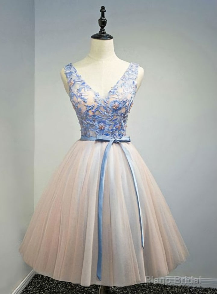 Pink V Neck Tulle Lace Appliques Short Prom Dress Main image
