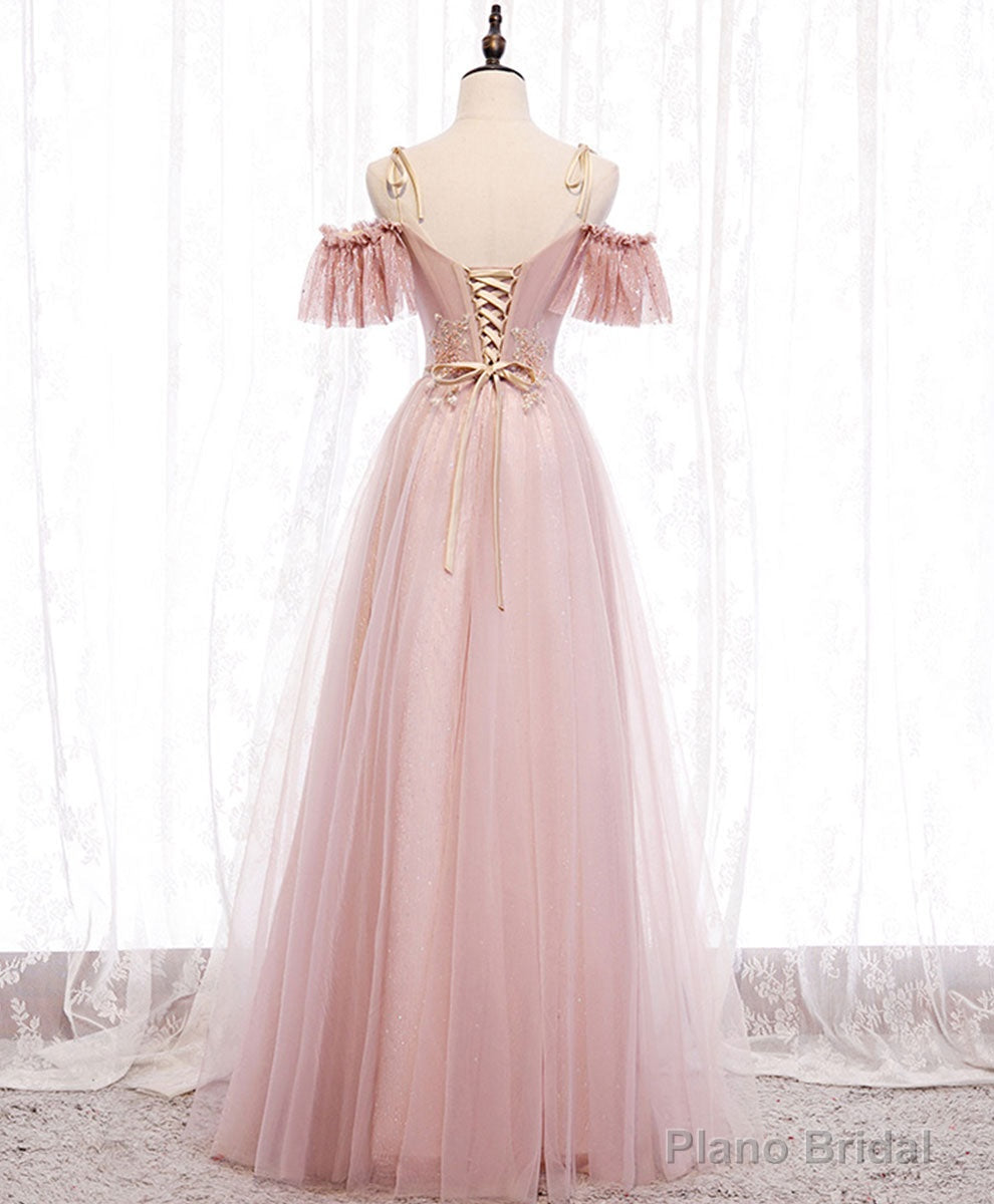 Pink v neck tulle lace long prom dress pink bridesmaid dress Secondary image