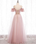 Pink v neck tulle lace long prom dress pink bridesmaid dress