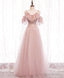 Pink v neck tulle lace long prom dress pink bridesmaid dress