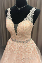 Pink V Neck Tulle Lace Long Formal Prom Dresses Pink Formal Dresses