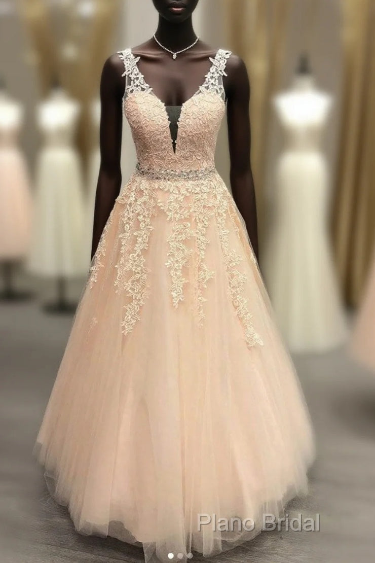 Pink V Neck Tulle Lace Long Formal Prom Dresses Pink Formal Dresses Main image