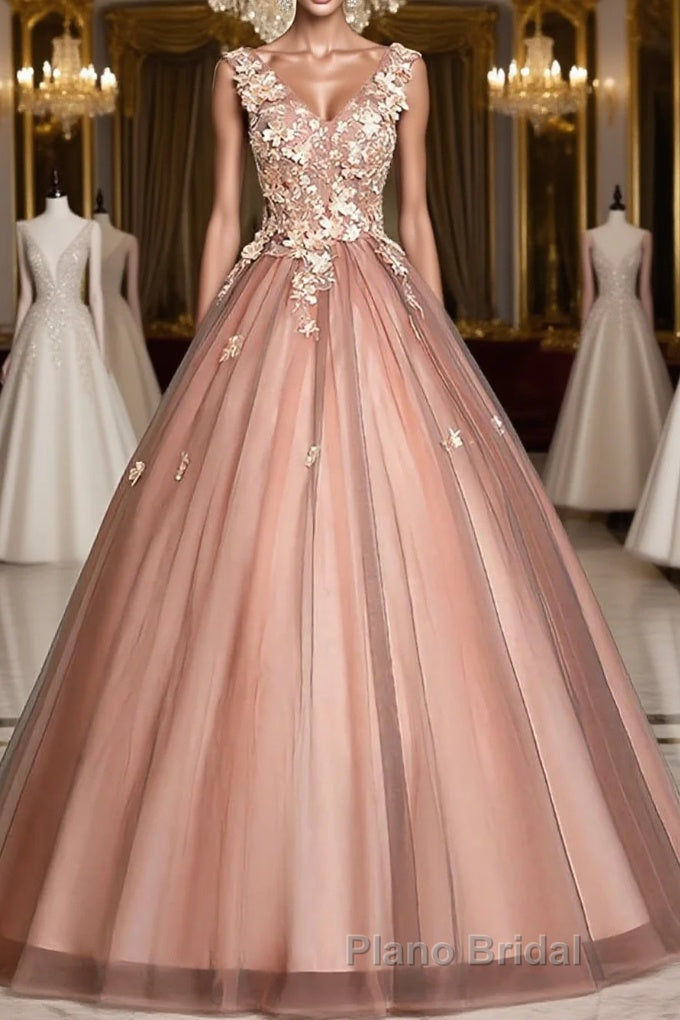 Pink v neck tulle lace long Formal Prom dress pink tulle formal dress Main image