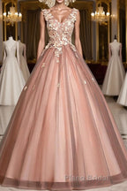 Pink v neck tulle lace long Formal Prom dress pink tulle formal dress