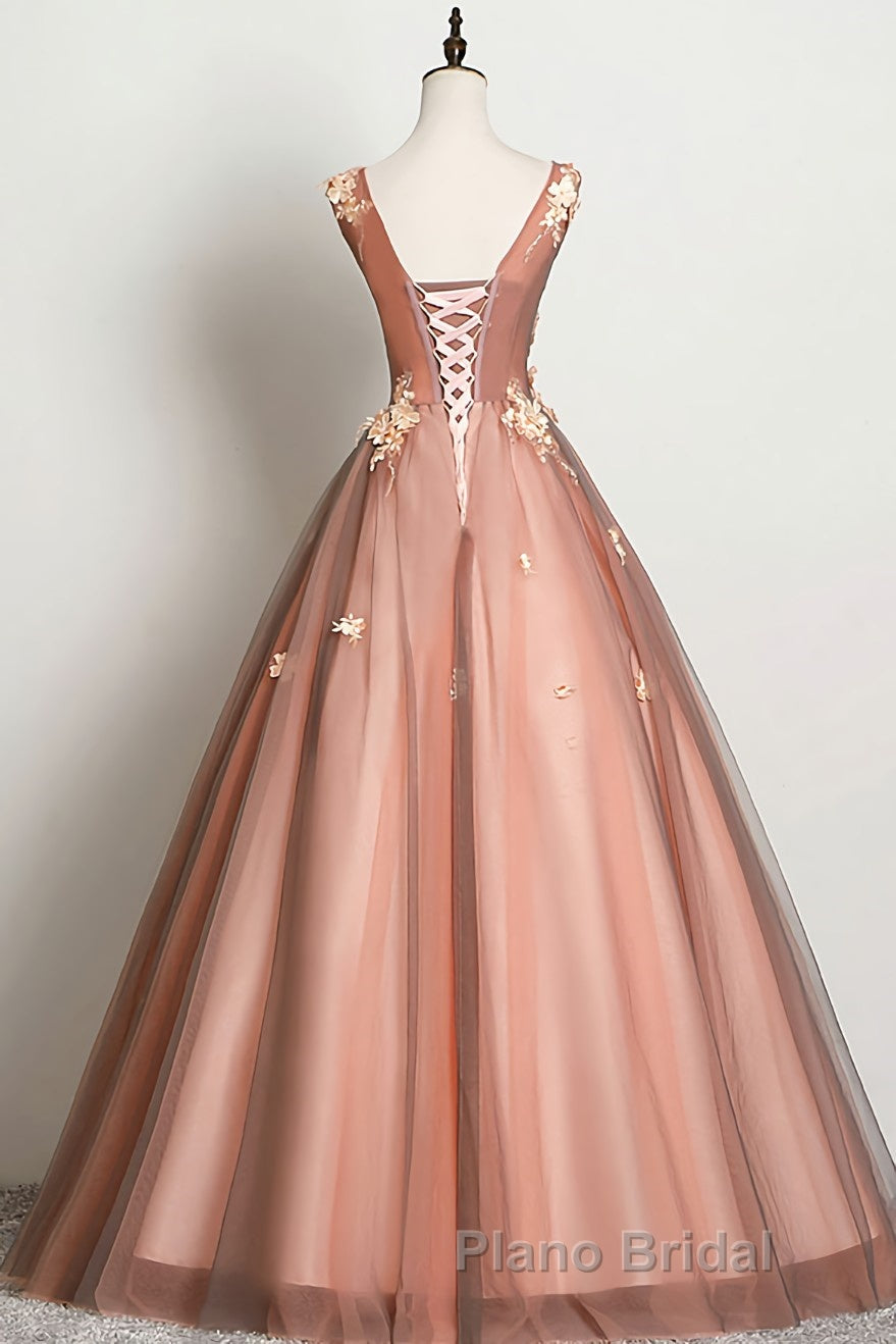 Pink v neck tulle lace long Formal Prom dress pink tulle formal dress Secondary image
