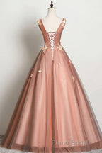 Pink v neck tulle lace long Formal Prom dress pink tulle formal dress
