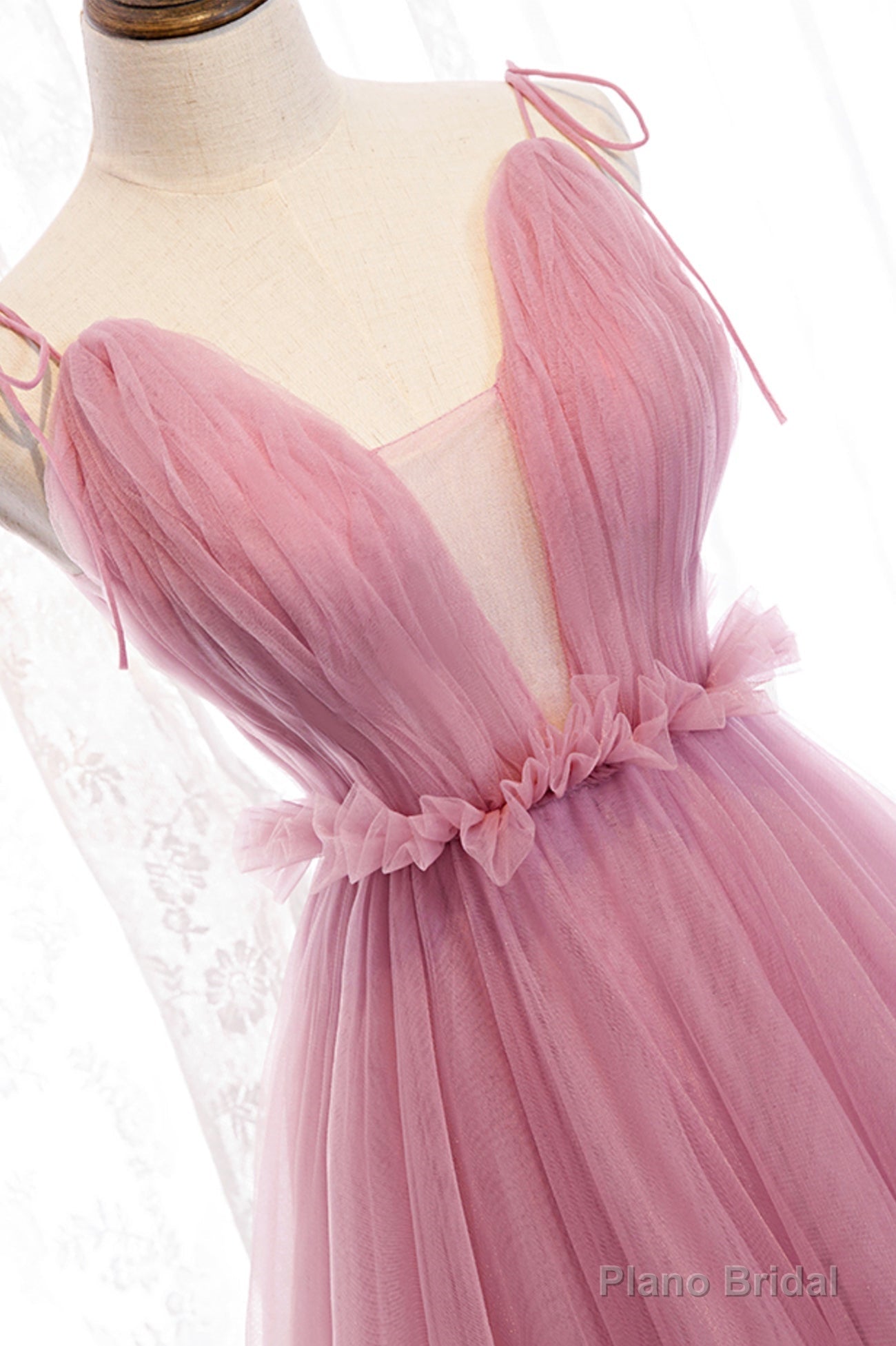 Pink V-Neck Tulle Long Prom Dress, A-Line Formal Evening Dress Secondary image