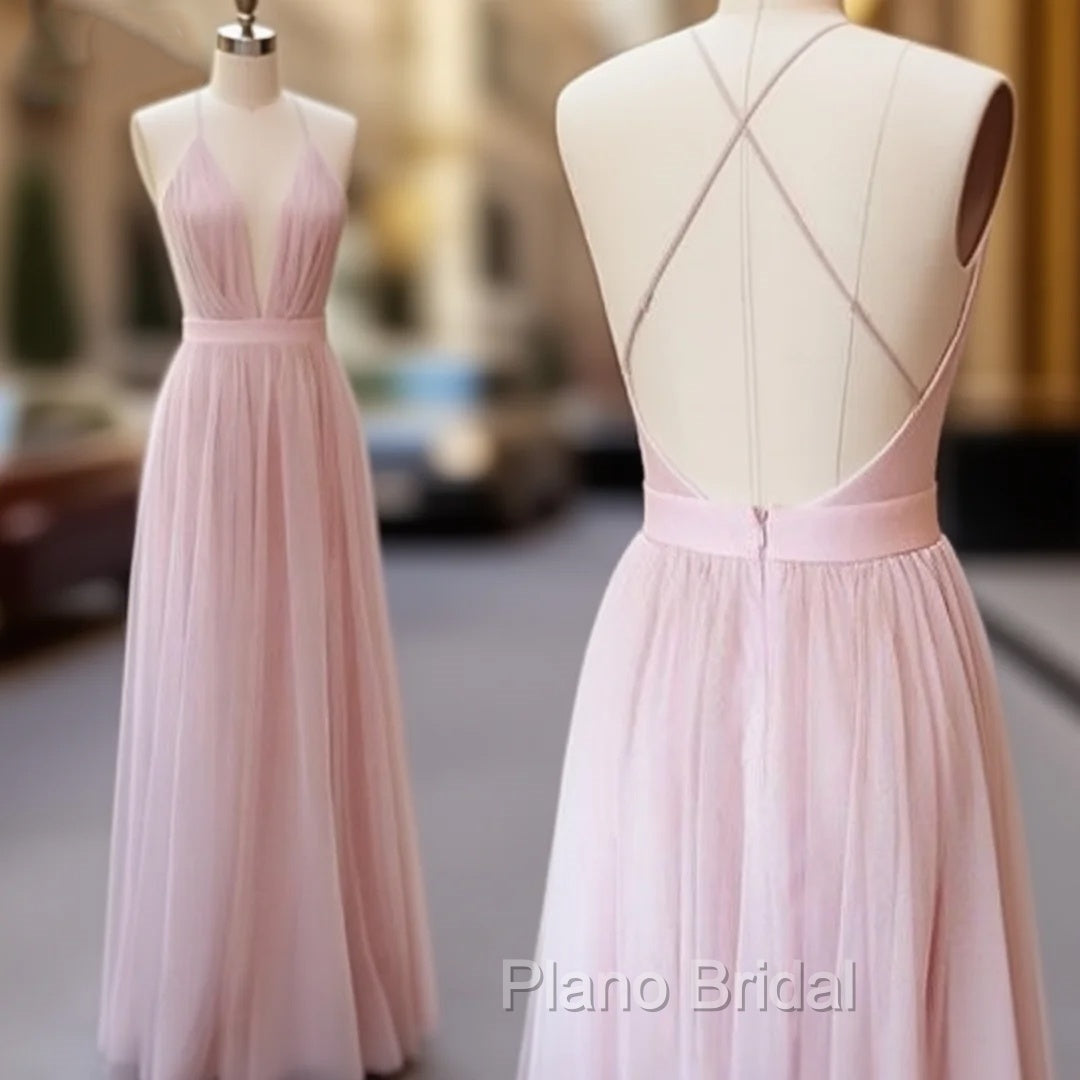 Pink V Neck Tulle Long Formal Prom Dresses, Evening Dresses Main image