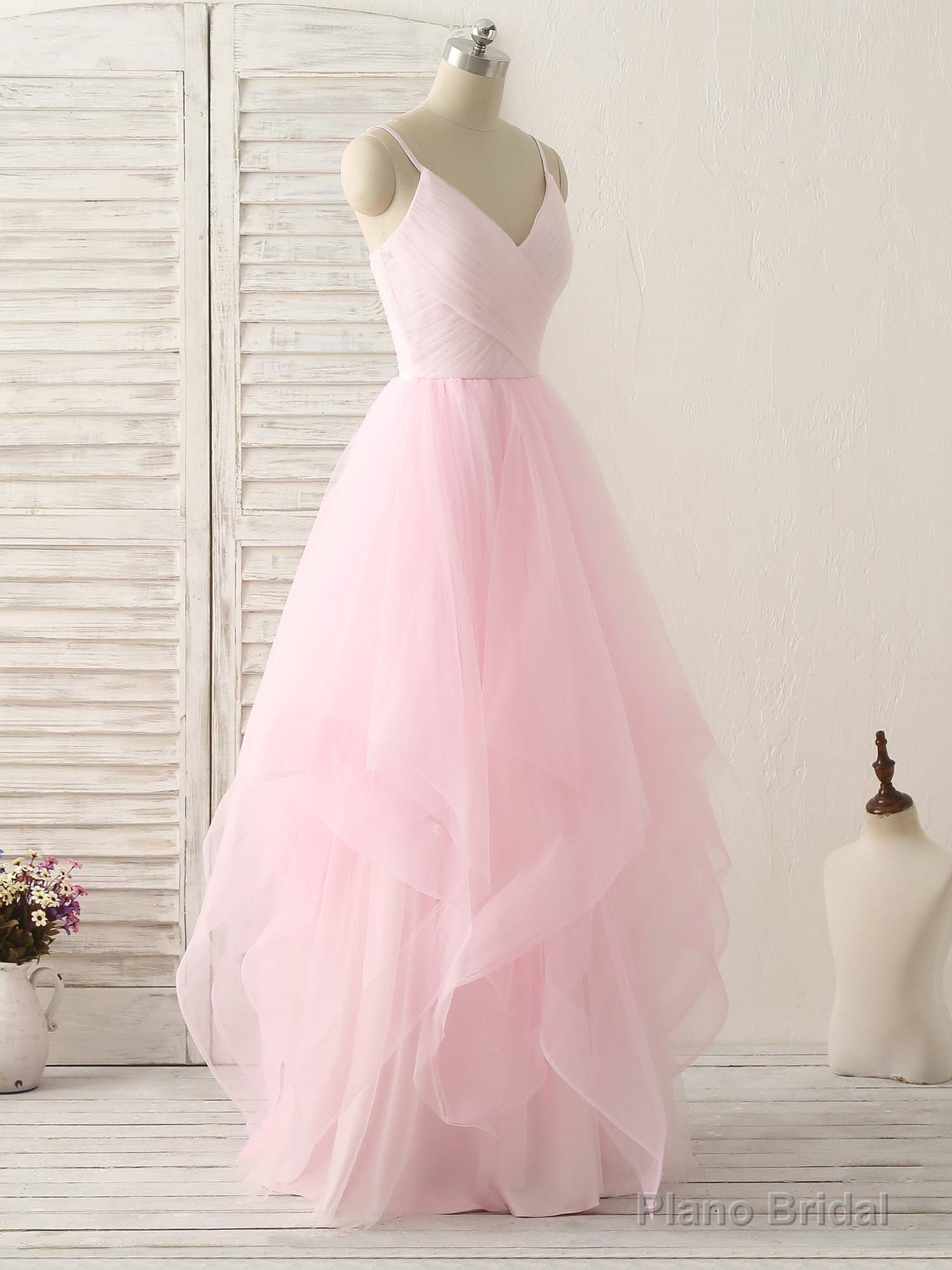 Pink V Neck Tulle Long Prom Dress Simple Pink Tulle Evening Dress Secondary image