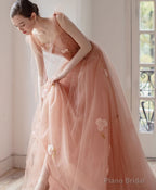 Pink V Neck Tulle Long Prom Dress, Tulle Pink Evening Dress