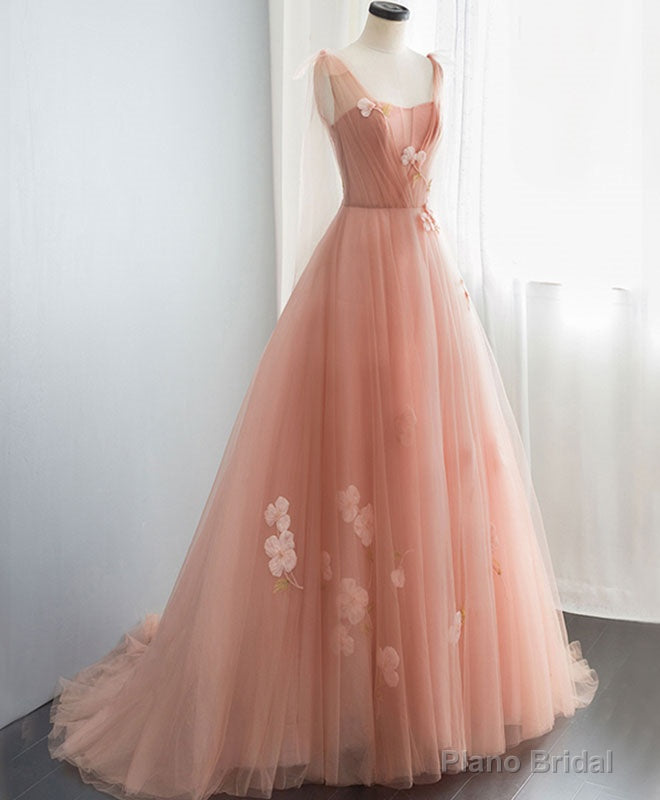 Pink V Neck Tulle Long Prom Dress, Tulle Pink Evening Dress Secondary image