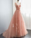 Pink V Neck Tulle Long Prom Dress, Tulle Pink Evening Dress
