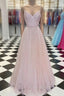 Pink V Neck Tulle Sequin Long Formal Prom Dresses Pink Tulle Formal Dresses