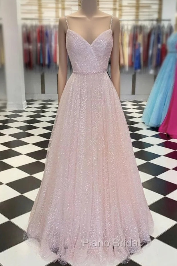Pink V Neck Tulle Sequin Long Formal Prom Dresses Pink Tulle Formal Dresses Main image