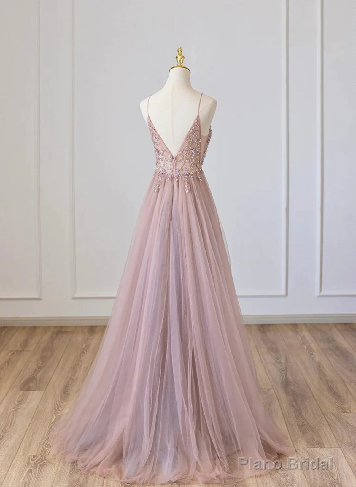 Pink V-neckline Beaded Straps Floor Length Party Dress, Pink Long Formal Dress Secondary image