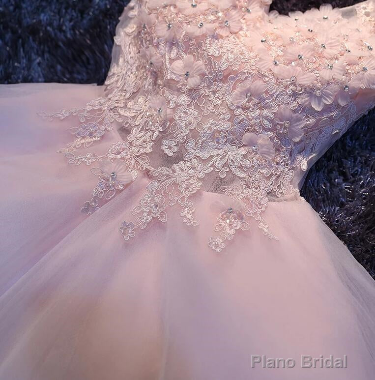 Pink V-neckline Flowers and Lace Applique Party Dress, Short Prom Dress